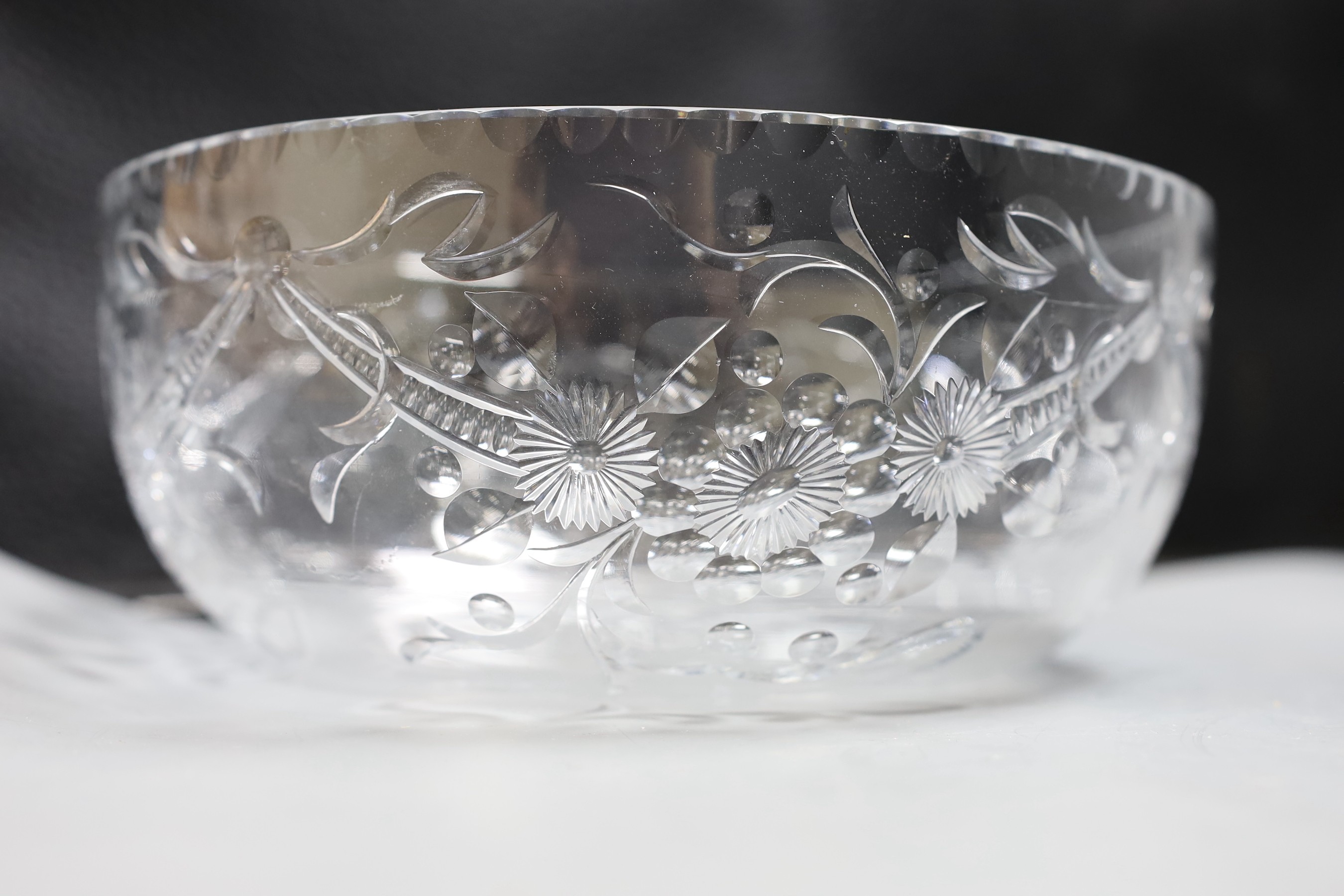 A pair of Royal Copenhagen great crested grebes and two cut glass bowls